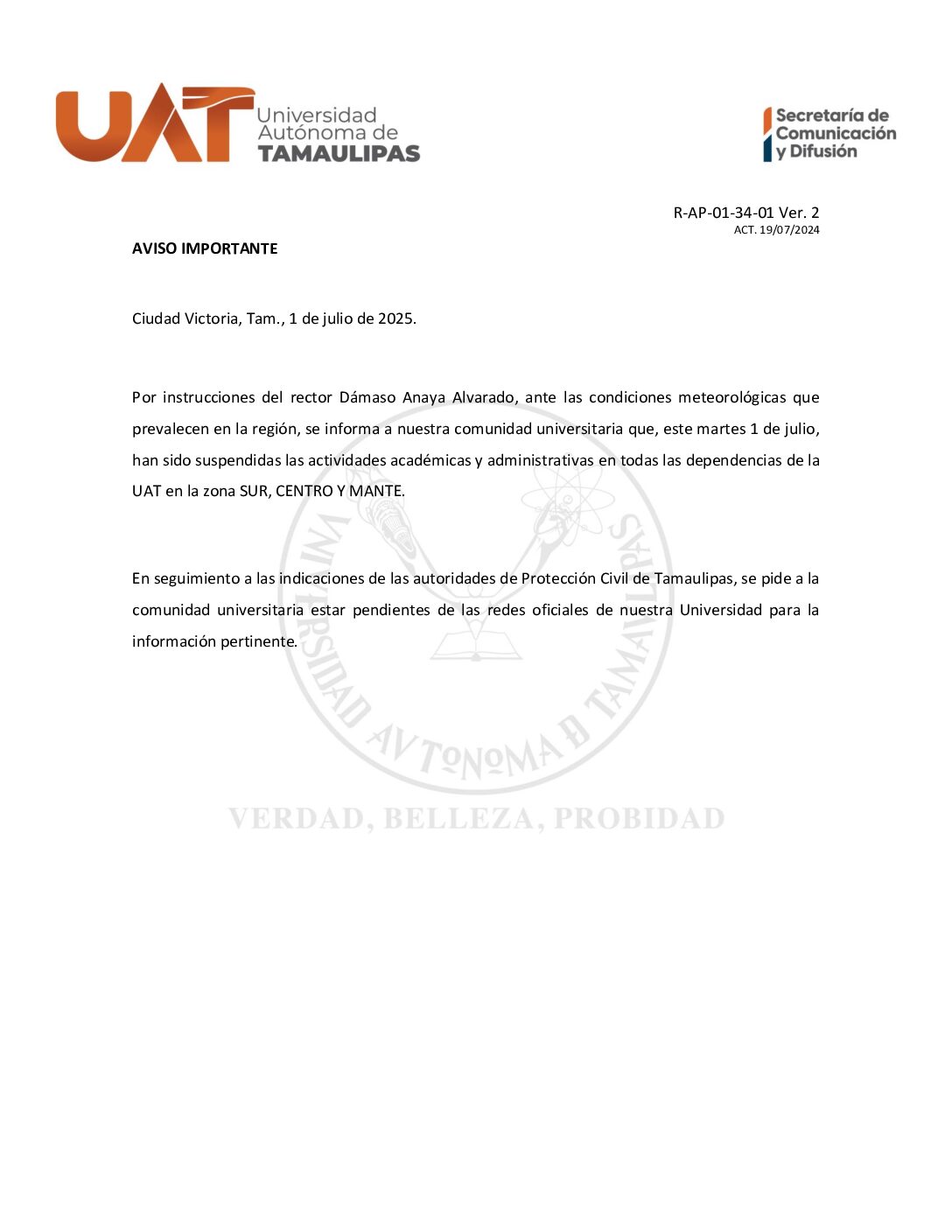 AVISO IMPORTANTE